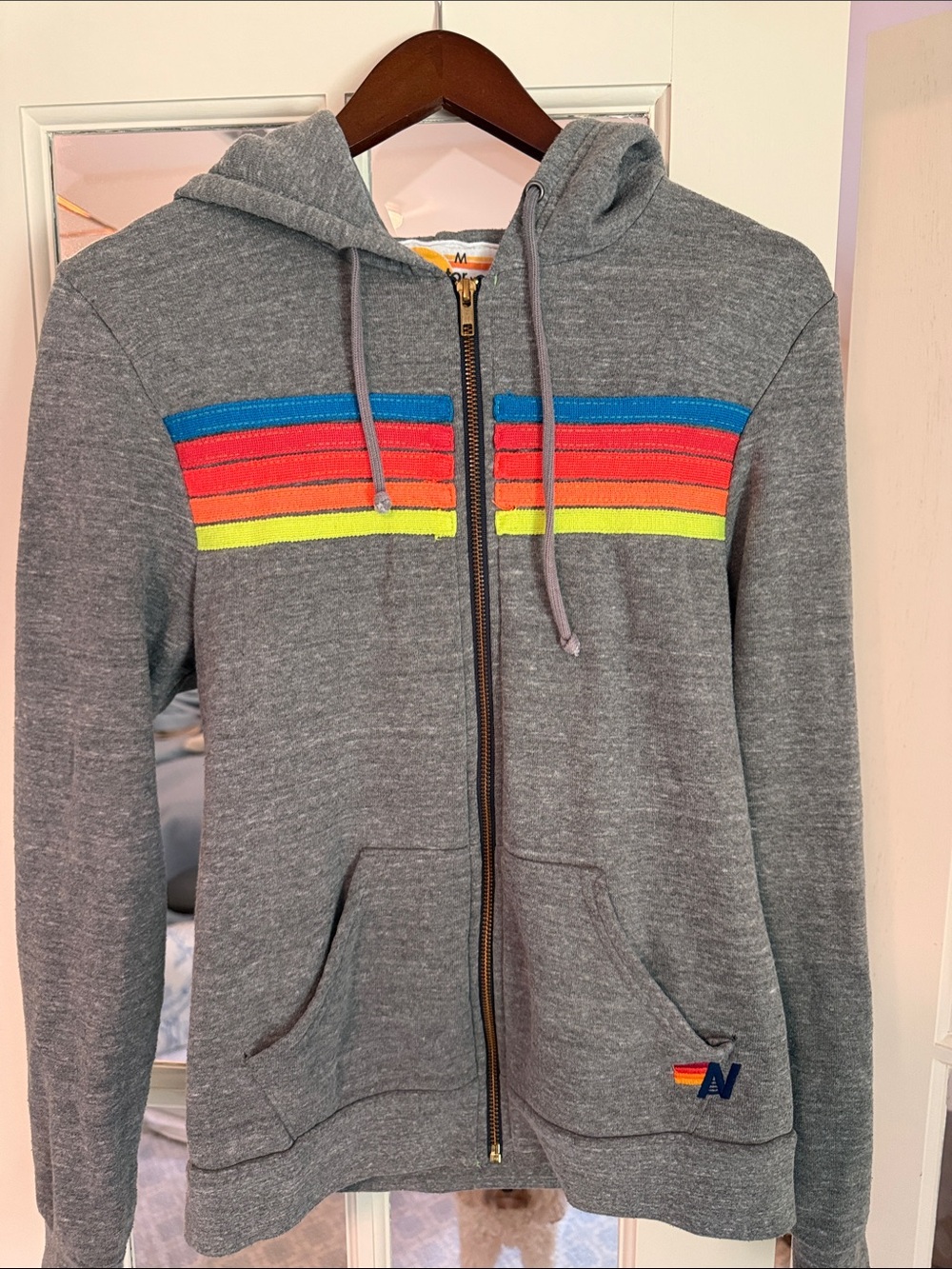 Aviator Nation Gray Zip Hoodie with Blue, Red, Orange & Neon Yellow Stripes